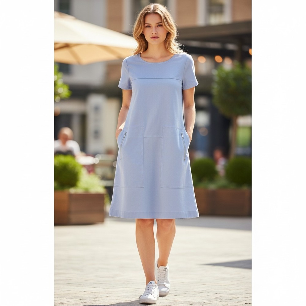 Lafayette 148 New York Blue Cotton Stretch Zip Pocket Scallop‎ Hem Dress Small